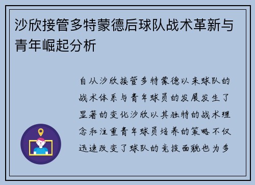 沙欣接管多特蒙德后球队战术革新与青年崛起分析 沙欣接管多特蒙德后球队战术革新与青年崛起分析