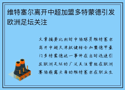 维特塞尔离开中超加盟多特蒙德引发欧洲足坛关注 维特塞尔离开中超加盟多特蒙德引发欧洲足坛关注